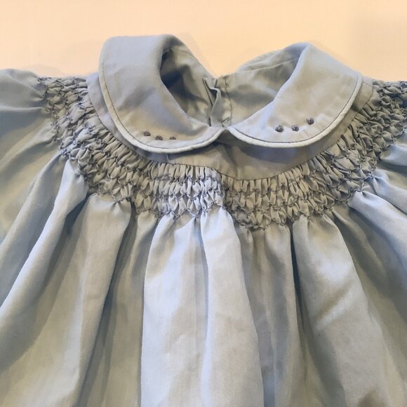 Vintage Infant Dress Blue Smocked Short Sleeves Collar Hand Sewn Approx 3 Mons - Picture 2 of 6
